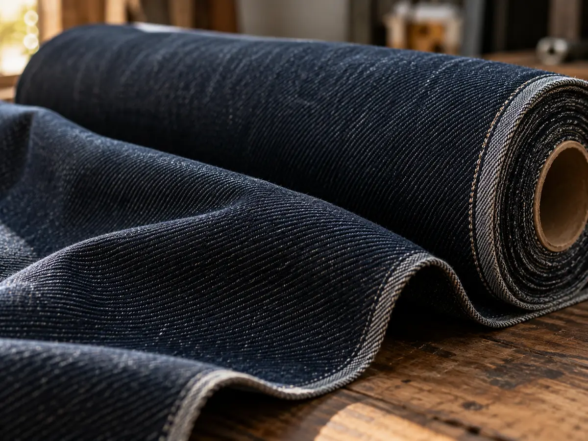 Detailed weave of indigo denim fabric