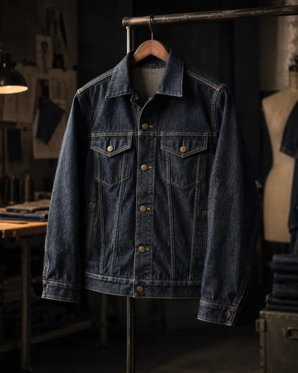 Indigo denim jacket hanging in a garment studio