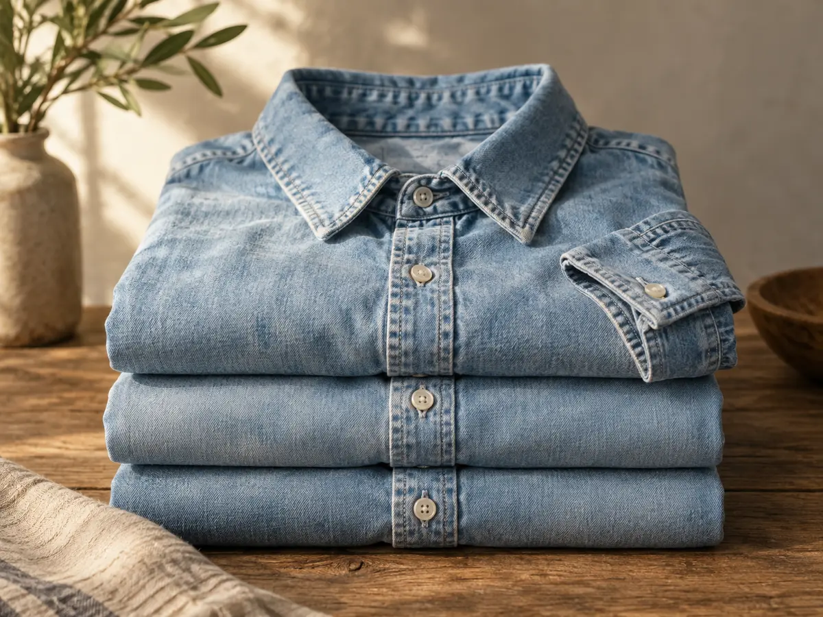 Blue denim shirts neatly folded