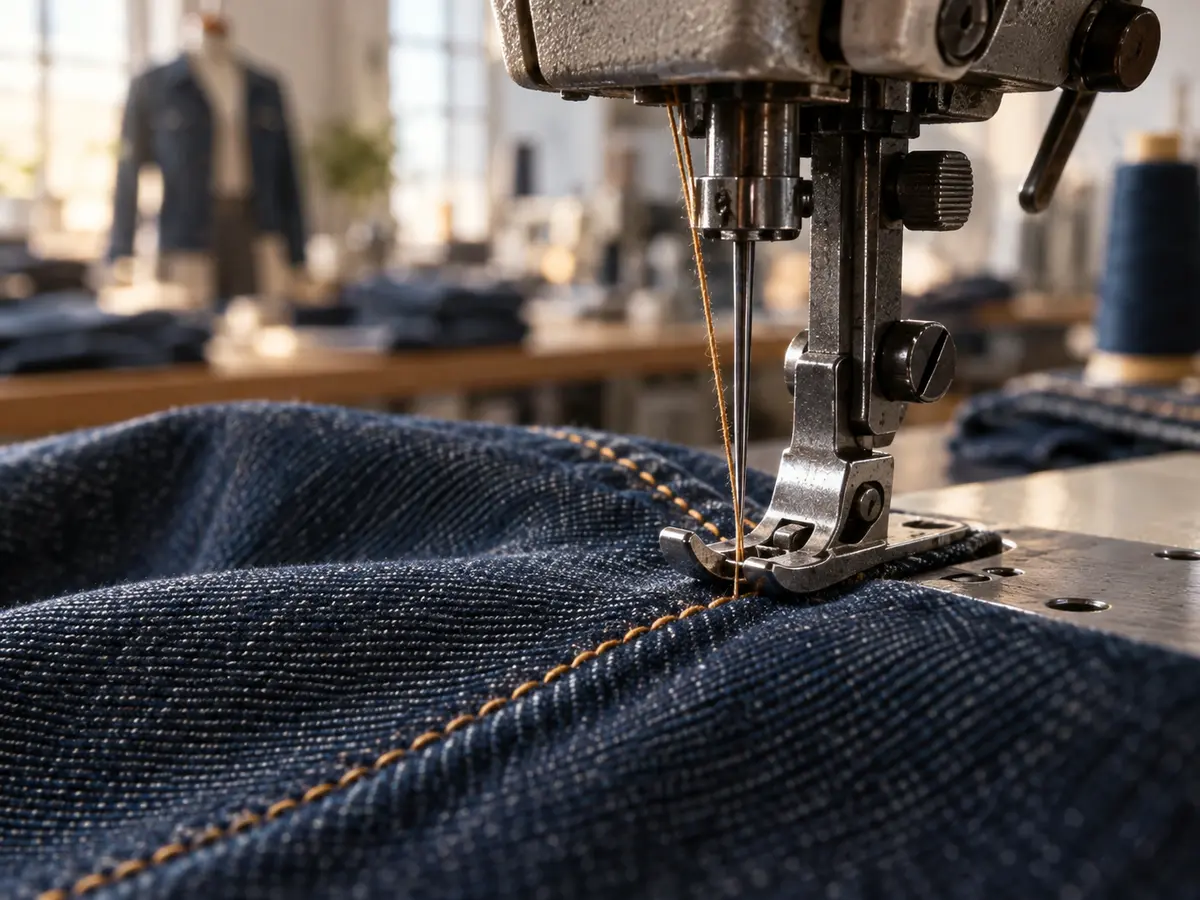 Close-up of a sewing machine stitching denim